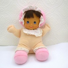 FisherPrice Puffalump Kids Baby Doll 1990 Soft Plush 11" Pink Bonnet Blue Eyes
