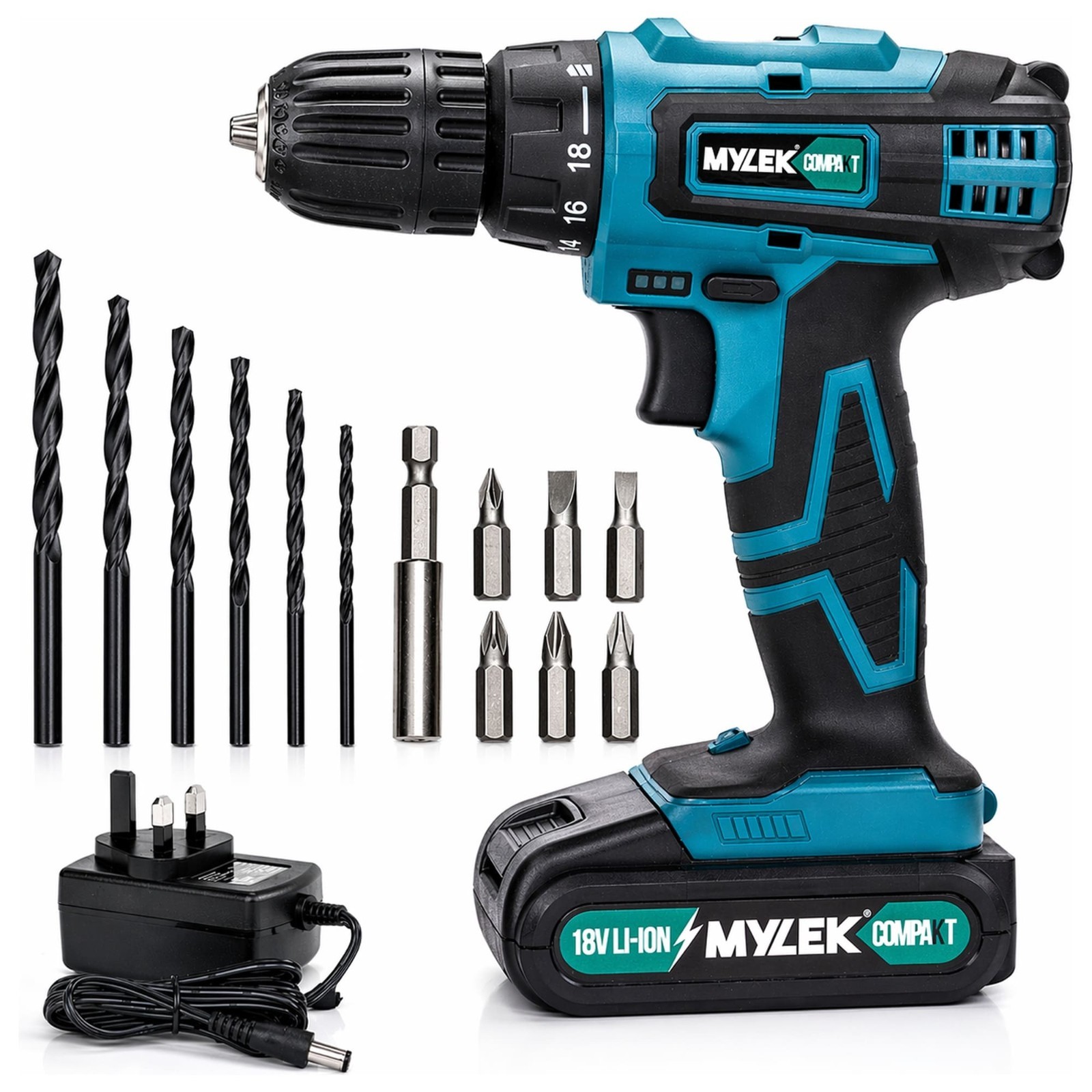 Mylek Cordless Drill Electric Screwdriver Combi 18V Power Tool Li-ion DIY