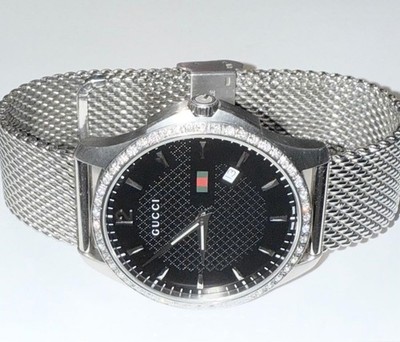 GUCCI MENS 42MM TIMELESS 126.2 MESH BRACELET LAB GROWN DIAMOND WATCH
