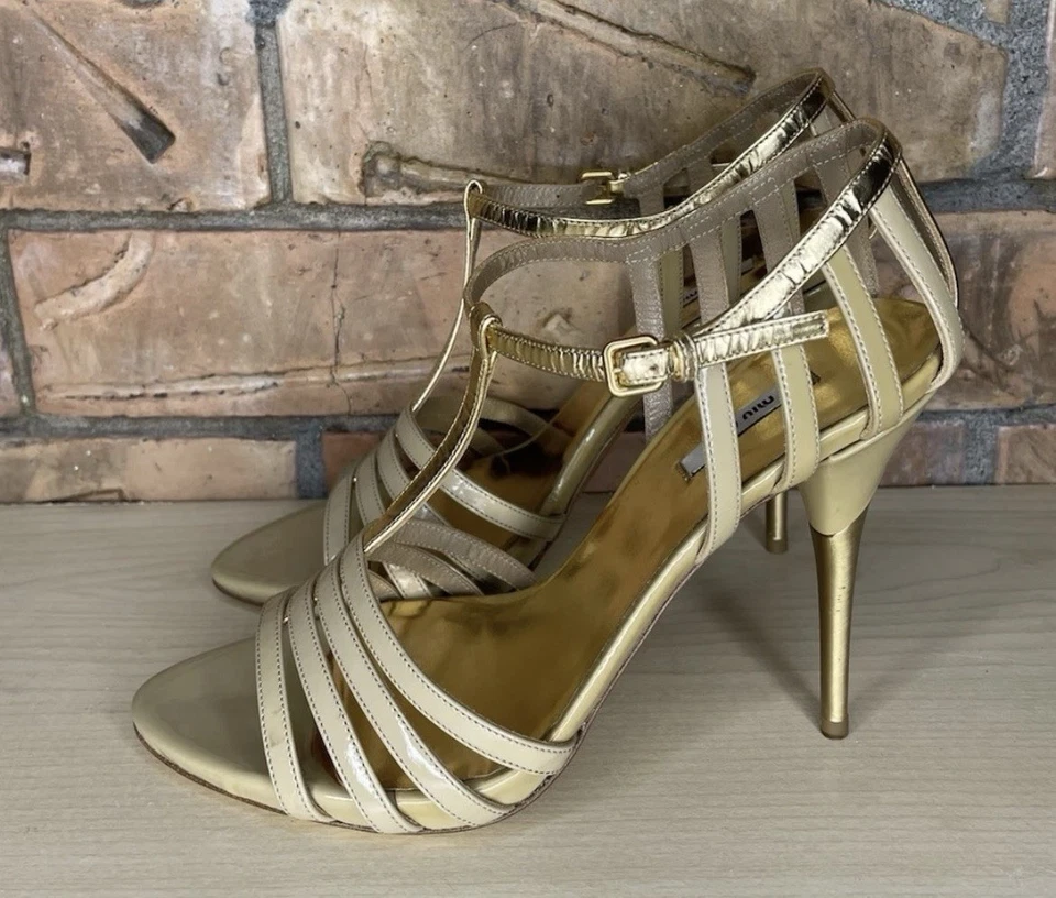 Miu Miu Womens Gold Glamour Cammello T Strap Cage Heel Sandals Size 35 - Image 3 of 4