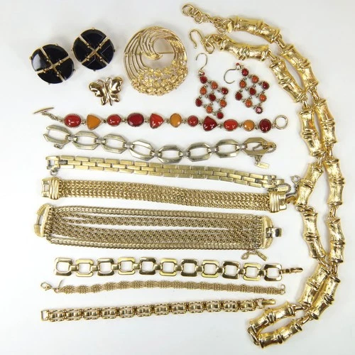 Vintage All Signed Monet Gold Tone Costume Jewelry Lot Bracelets Bamboo Necklace