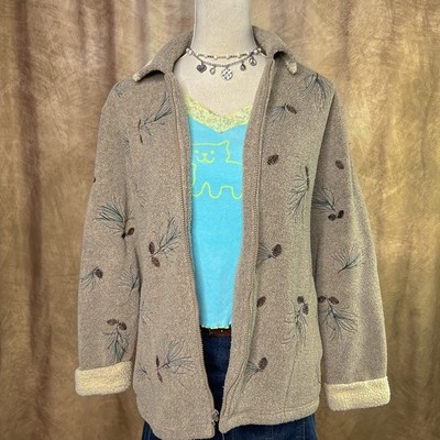 Vintage Fleece Jacket 90s Embroidered Pine Cone Zip Up Tan Cabincore Woodland