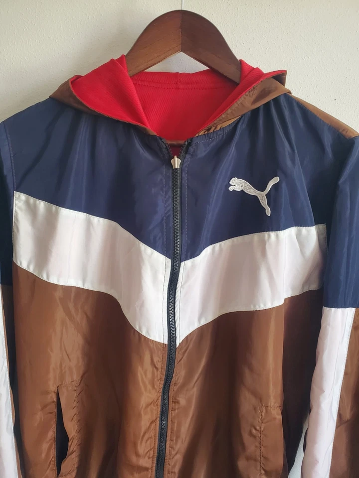 Vtg Puma Satin Windbreaker Lined W/fleece  Men's Medium white brown - Image 4 of 4