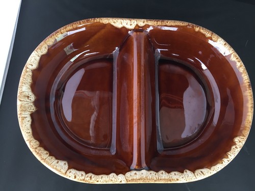 Vintage Hall Pottery USA Brown Drip Glaze, Divided Bowl, 12"L, 8.5"W - Picture 2 of 8