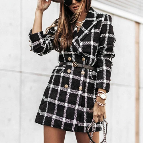 Women's Stylish Check Print Wool Blazer Coat Ladies Long Sleeve Collared Jacket - Picture 24 of 52
