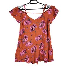 Womens Forever 21 Orange & Pink Floral Woven Dress Short Sleeves V-Neck Size S