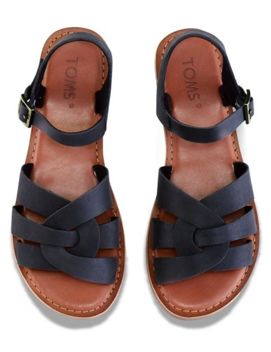 TOMS Black Leather Zoe Sandal Flat Ankle Buckle Adjustable 741115