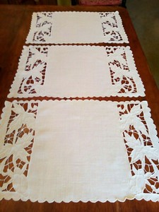 3 FALL Vintage Cutwork & Embroidered Placemats-Leaves-Scalloped Edges