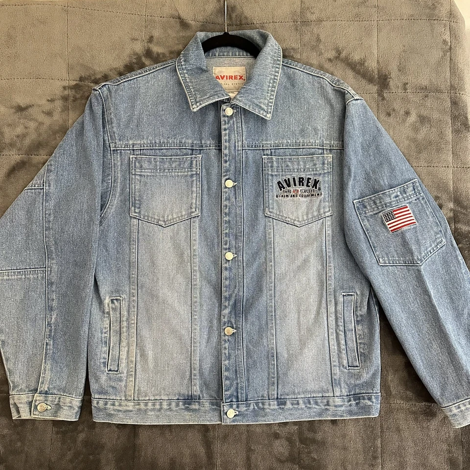 Chaqueta vaquera Avirex EE. UU. parche bordado abotonada talla juvenil XL Y2K Eagle Foto 2 de 4