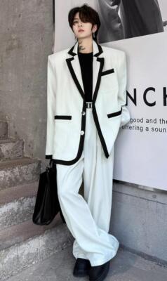 Korean fashionable black and white splicing suit coat jacket men long pants 