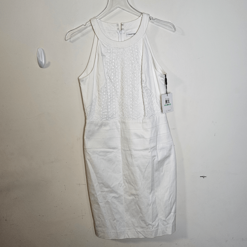 Calvin Klein Halter Neck Crochet Midi Dress CT3G1291 NWT Women's White Size  8 Pe