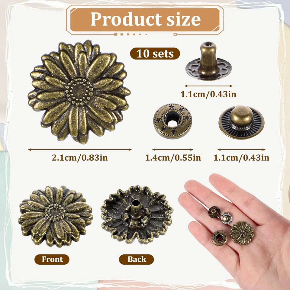 10 Sets Flower Snap Buttons, Vintage Buttons Snaps for Leather Antique Snaps But - Image 3 of 4