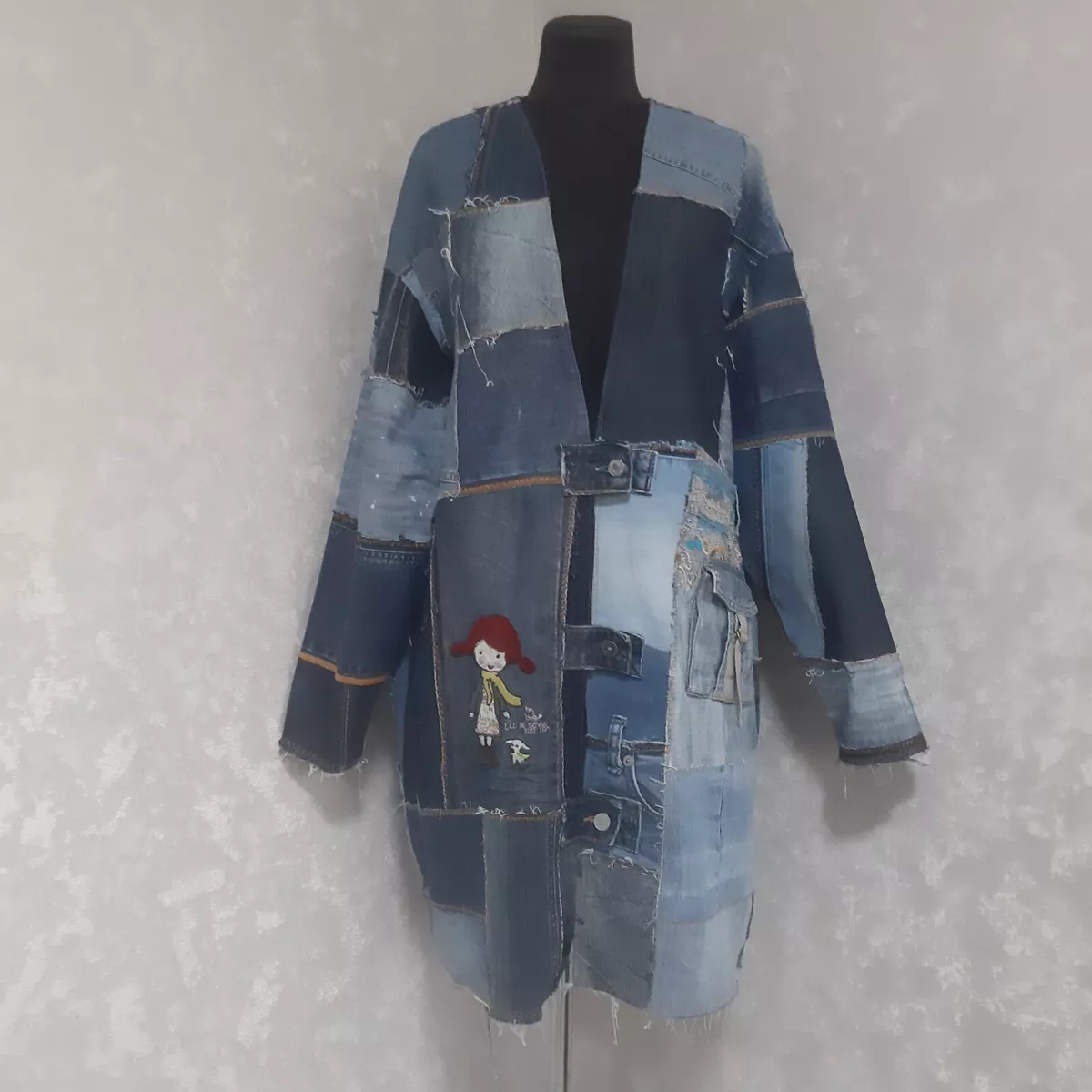 Blue patchwork denim coat size XL, Boro long jacket from recycled jeans  patches