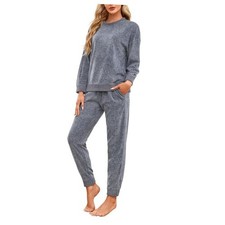 Womens Pajamas Set Lightweight Fleece Outfit Soft Lounge Large Light Grey Mel.