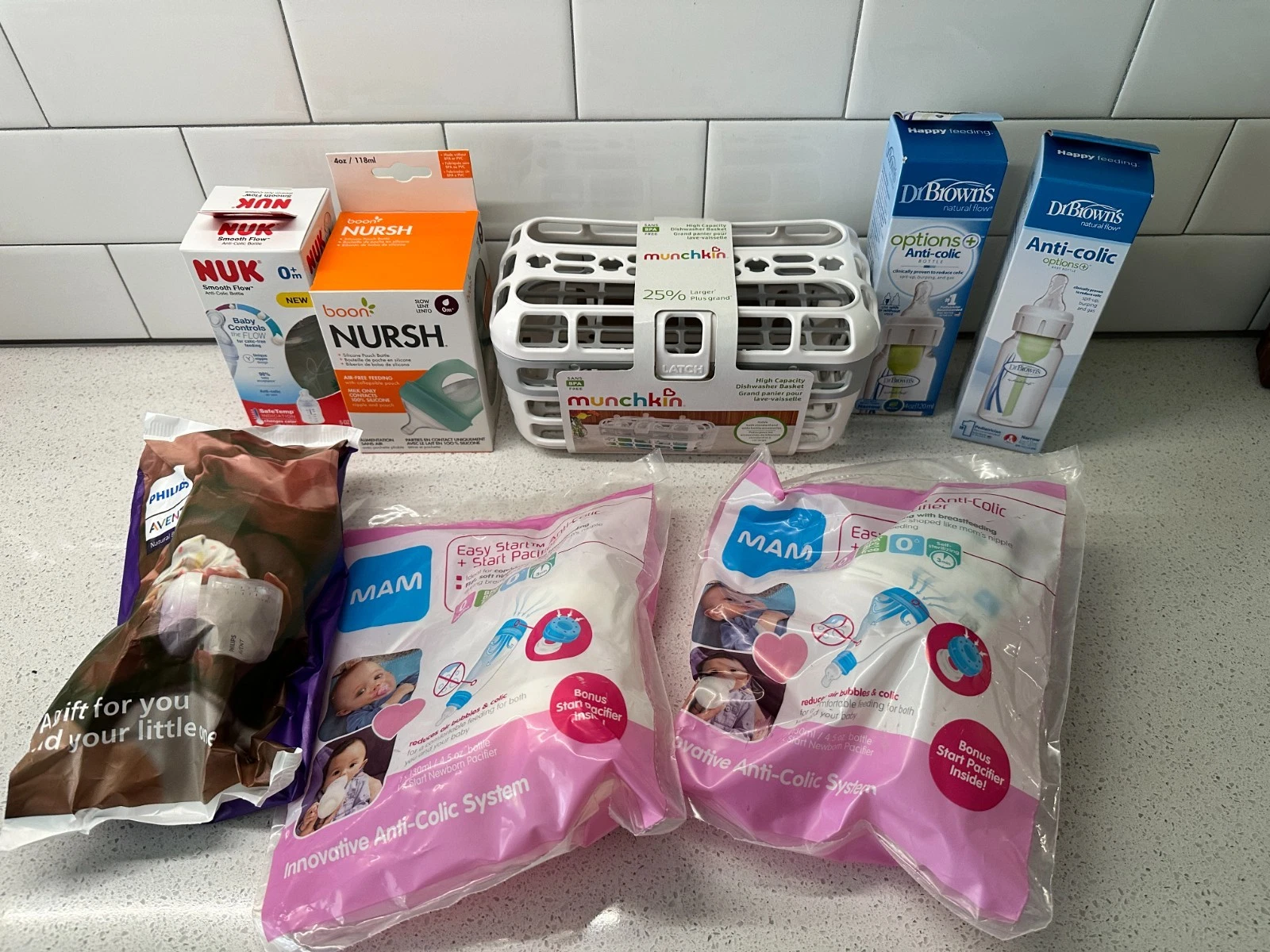 NIP Mixed Lot Baby Bottles: NUK, Boon, MAM, Avent, Dr Brown's + wash basket