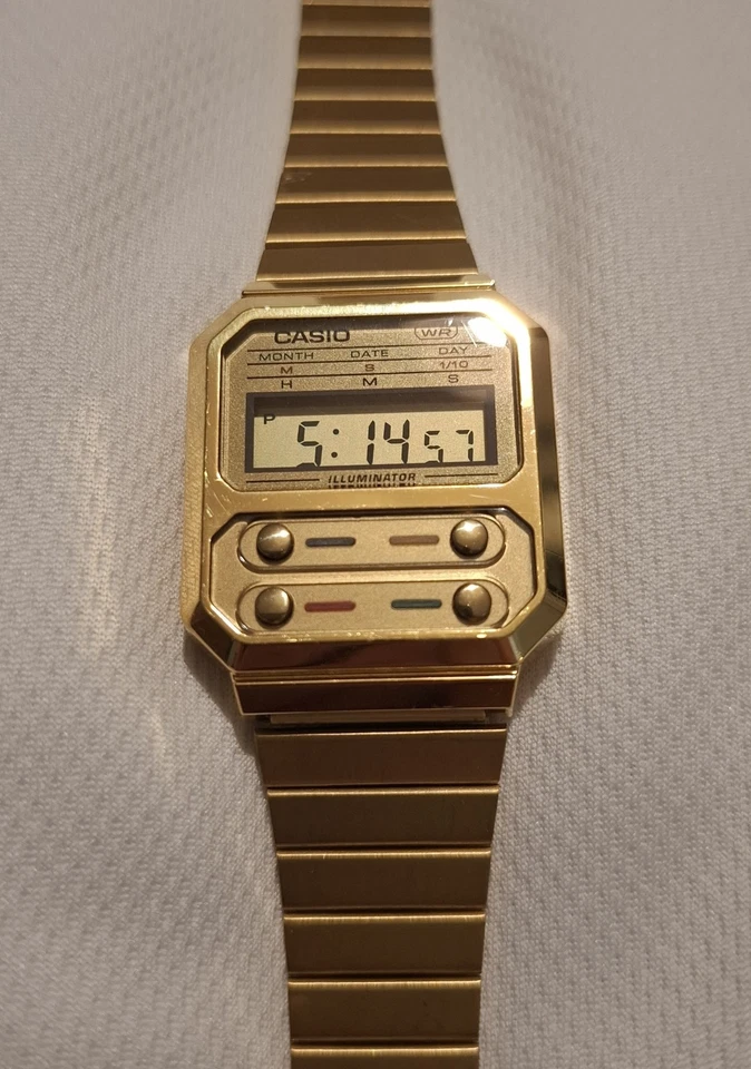 Casio A100WE Digital Watch Gold Tone Stainless Steel Bracelet Illuminator WR, photo 3 of 5