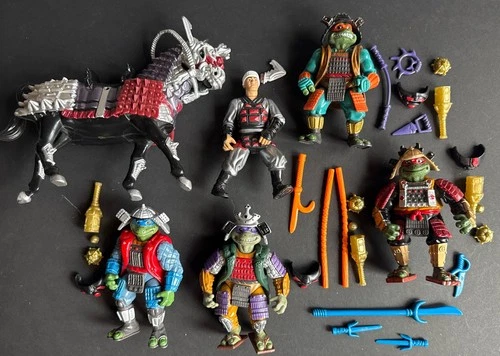VINTAGE 1993 NINJA TURTLES MOVIE III SAMURAI TURTLE FIGURES Lot With Horse