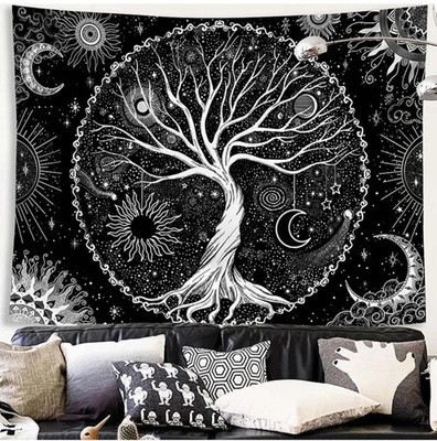 Tree of Life Tapestry Black and White| Celestial Sun Moon Wall Hanging 135*210cm