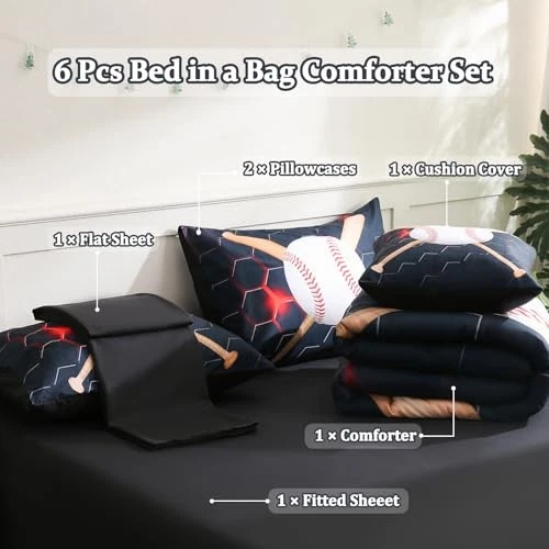 Juegos de cama completos de 6 piezas para niños, deportes negros tamaño completo - 6 piezas de béisbol Foto 3 de 4
