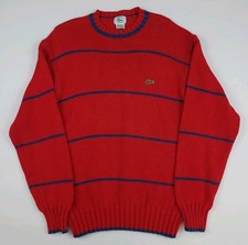 Vintage 80s Izod Lacoste Striped Knit Logo Sweater 100 Cotton Red Navy Sport