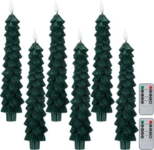 6pk Flameless LED Taper Candles, Real Wax, Remote Timer, Battery Operated, Green