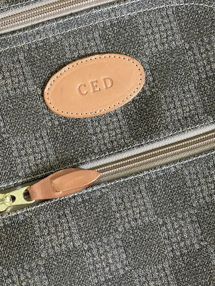 Vintage FRENCH LUGGAGE CO Checkered Tweed & Leather 22” Upright Wheeled Suitcase - Image 2 of 4