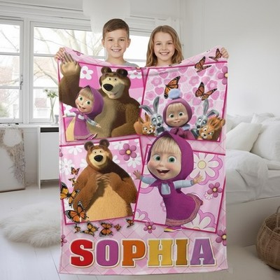 Cute Girl & Bear Cartoon Family Blanket Personalized Name Baby Gift