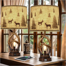 Rustic Farmhouse Antlers Table Lamp Set of 2 w/Nightlight Dual USB Ports
