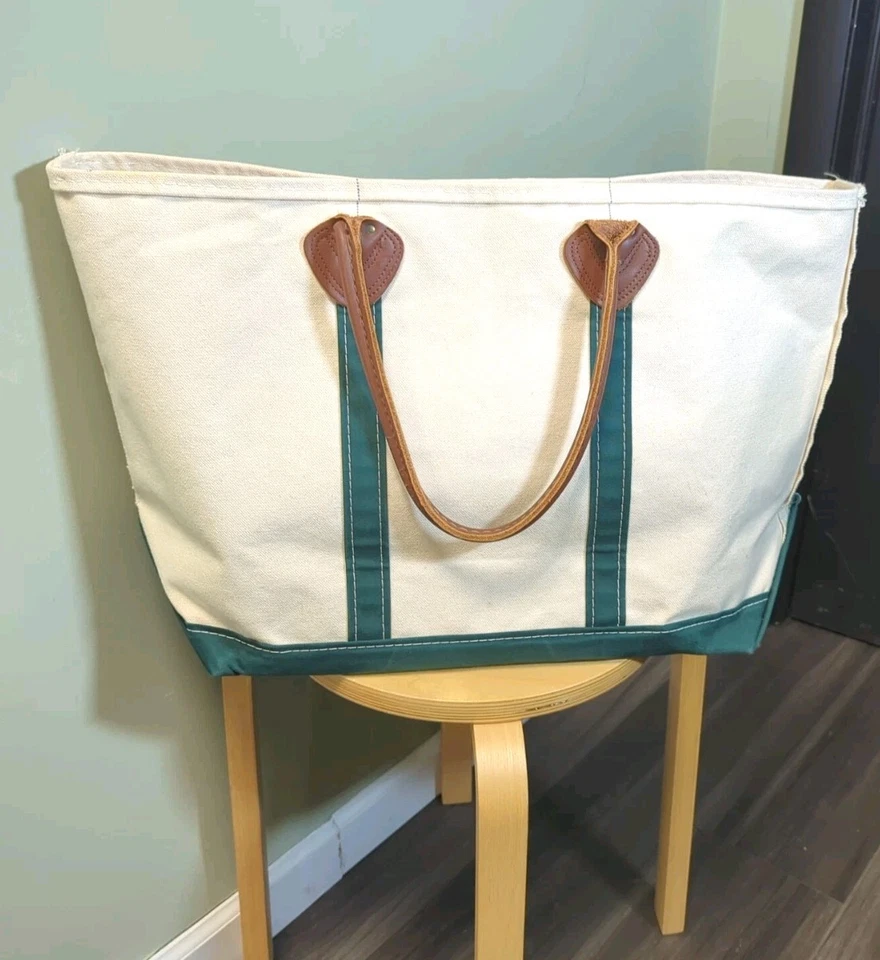Rare VTG 70s/80s LL Bean Boat & Tote Bag Leather Handles White/Green VGUC LARGE - Image 3 of 4