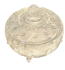 Vtg 1990s AVON 3 Footed Clear Glass Dusting Powder Candy Dish W Lid 6” Diameter