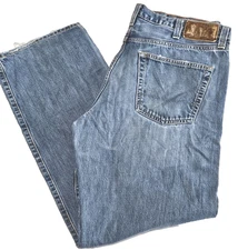 Men's Eddie Bauer Distressed Relaxed Boot Cut Denim Jean Faded Blue Size 38x34
