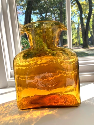 Vintage BLENKO #384 Hand Blown Amber Double Spouted Glass Pitcher Bottle 8"