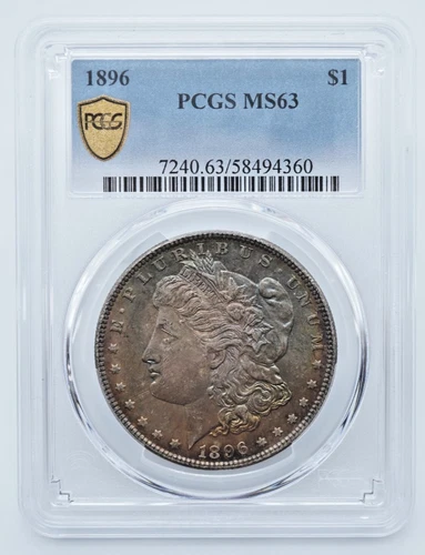1896-P Morgan Silver Dollar PCGS MS63 Gold Shield Label Rainbow Tone - T366