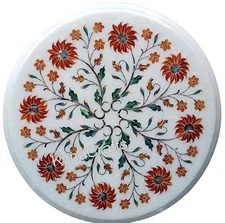 Carnelian Stone Inlay Work Coffee Table Top White Marble Side Table for Hallway