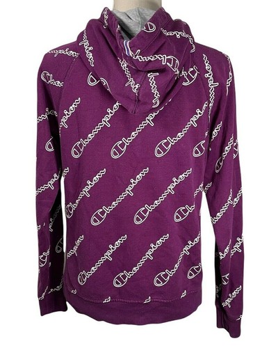 Champion Authentic All Over Logo Womens Hoodie Sz S Purple White Sweat Shirt - Picture 3 of 6