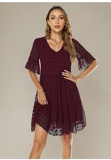 MSLG Women's Swiss Dot Babydoll Dress Wine Red Size M Sheer Sleeves Burgundy