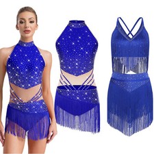 Women's Latin Dance Costume Tassel Camisole Tops Fringe Skirt Salsa Ballroom 