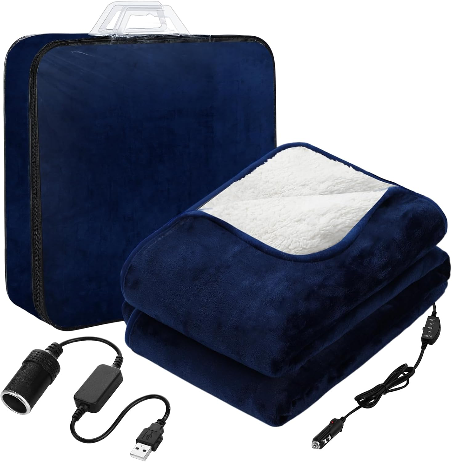 12V Heated Car Blanket 59x43 Inch Electric Throw with USB Charger for Warmth on the Go