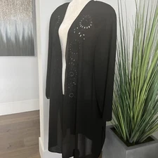 I.N. Studio Women's Plus Long Sleeve Black Embroidered Career Cardigan Size 24w