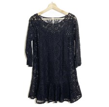 Free People Walking To The Sun Black Lace 3/4 Sleeves Ruffle Mini Dress Sz 6
