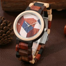 Modern Men's Wood Watch Colorful Bamboo Quartz Wristwatch Full Wooden Strap Gift