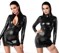 NOIR HANDMADE WETLOOK MINI KLEID clubwear schwarz zwei wege kunstleder gothic
