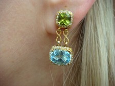 14 KT BLUE TOPAZ PERIDOT AND HALO DIAMONDS DESIGNER DANGLE EARRINGS 10.2 GRAMS