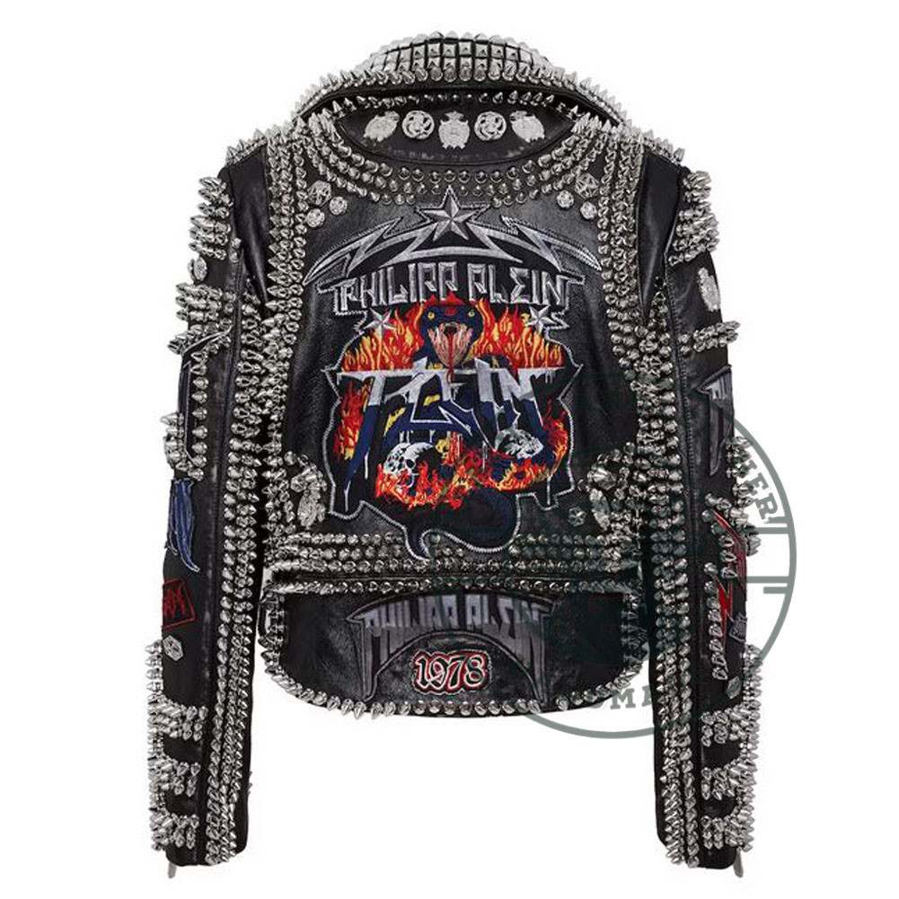 Women's Gothic Punk Studded Leather Jacket with Custom Patches & Belt