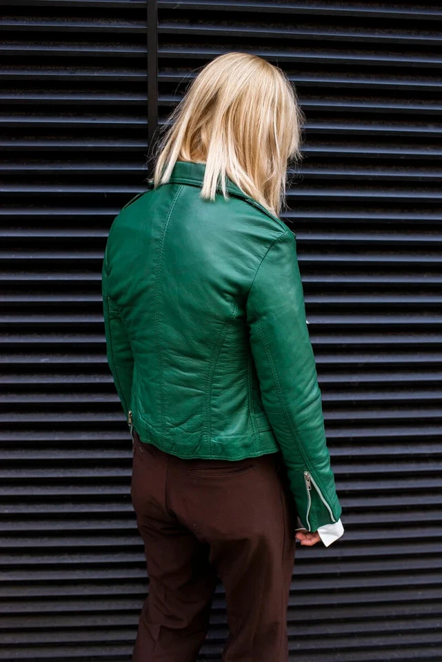 Elegante Chaqueta de Cuero de Cordero Genuino Verde Hecha a Mano Motociclista Moto Informal Foto 3 de 4