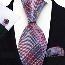 New Checks Plaids Red Blue Jacquard Silk Men's Tie Necktie Hanky Cufflink Set