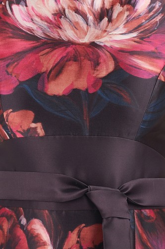 KAY UNGER Rose Floral Print Belted Bow Tie Carina Mikado Hi-Slit Column Gown 12 - Picture 7 of 10