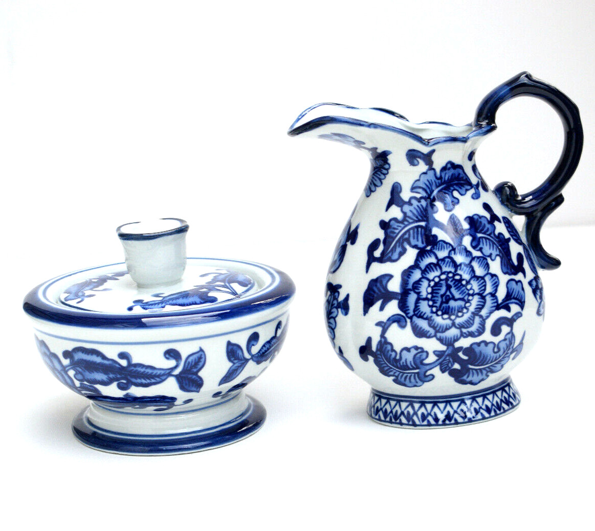 Bombay Company Cobalt Blue and White Floral Creamer and Pitcher Set