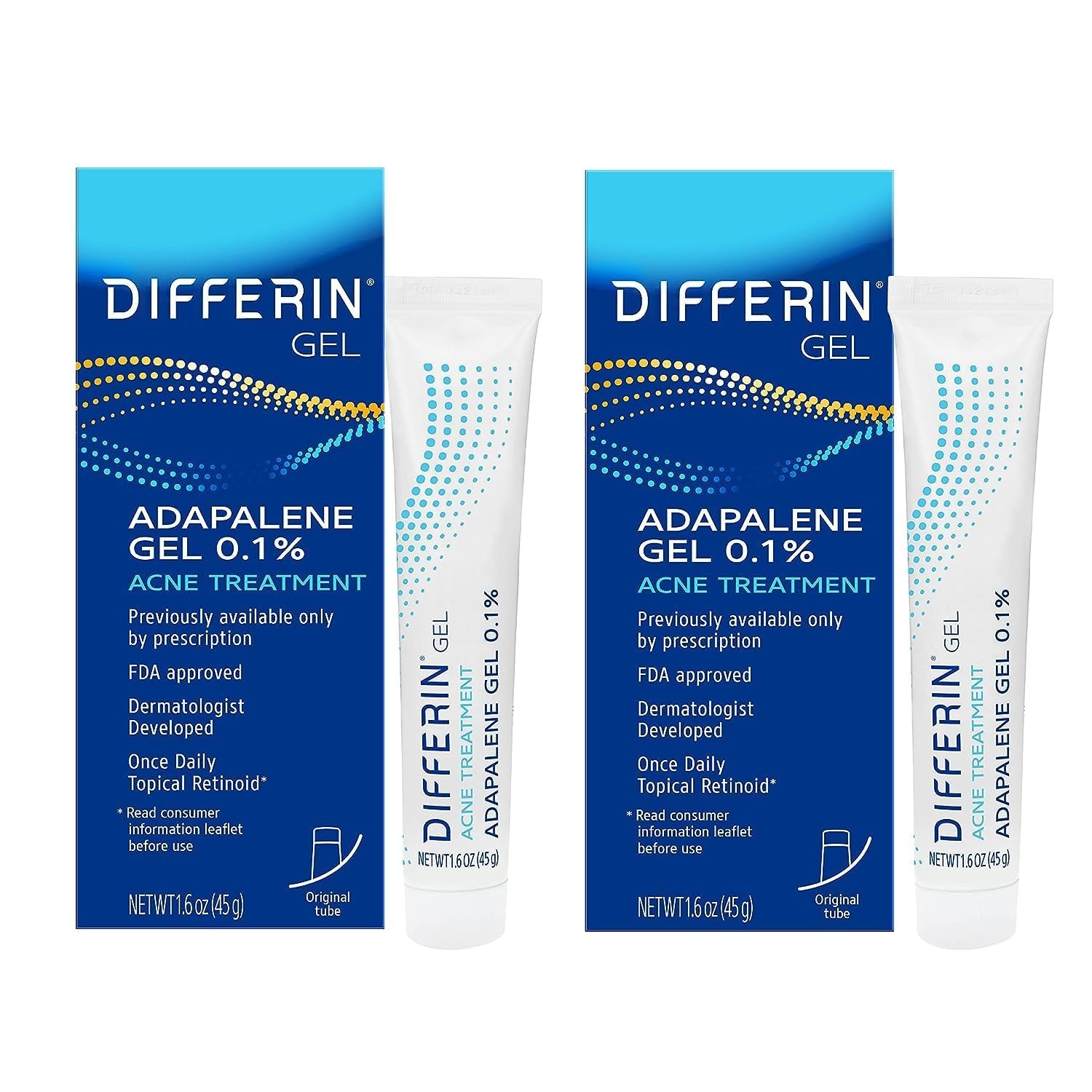 Differin Adapalene Gel 0.1% Acne Treatment 1.6 oz, Pack of 2, Exp 2027/2028