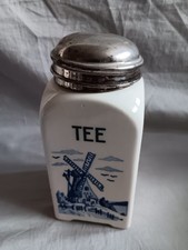 Art Deco antiker Vorratsbeh&auml;lter Tee mit Metallrand und Deckel Windm&uuml;hlenmotiv